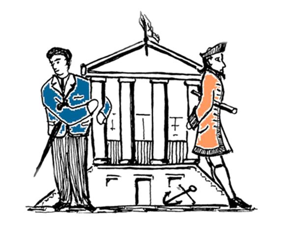 Drawing of the Custom House that now houses part of Lancaster Maritime Museum, flanked by two people: one in Georgian dress carrying a telescope, the other in modern dress with an umbrella. The building is in classical Georgian style, with steps up either side of the front to a raised portico with columns supporting a triangular roof.